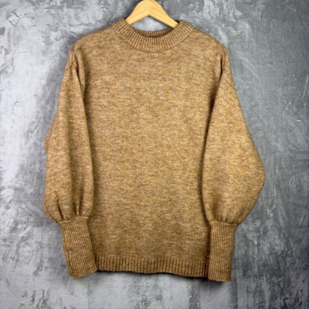H&M Mohair Wool Blend Sweater Womens Size 2 XS Balloon Sleeve Tan Natural Fibers